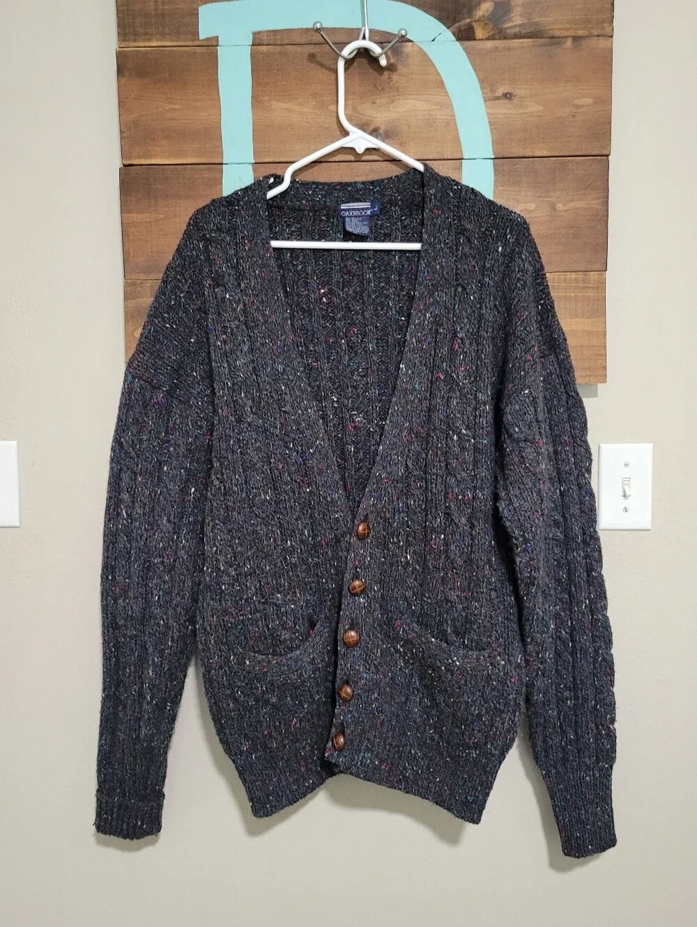 Vintage Charcoal Speckled Chunky Cable Knit Dropped Shoulder Cardigan Large